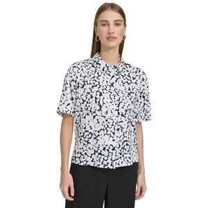 DKNY Women's Printed Satin Shirt, White/Black, XL
